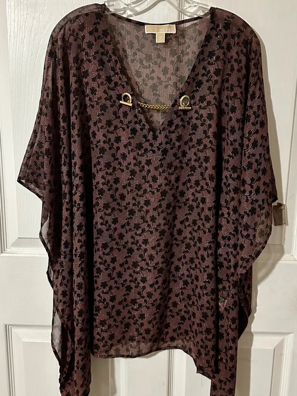Michael Kors Brown Floral V-Neck Tunic with Gold Chain Detail
